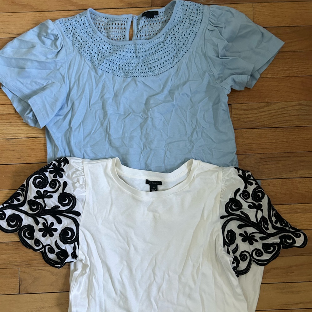 Ann Taylor White and Blue Tops with Black Embroidery